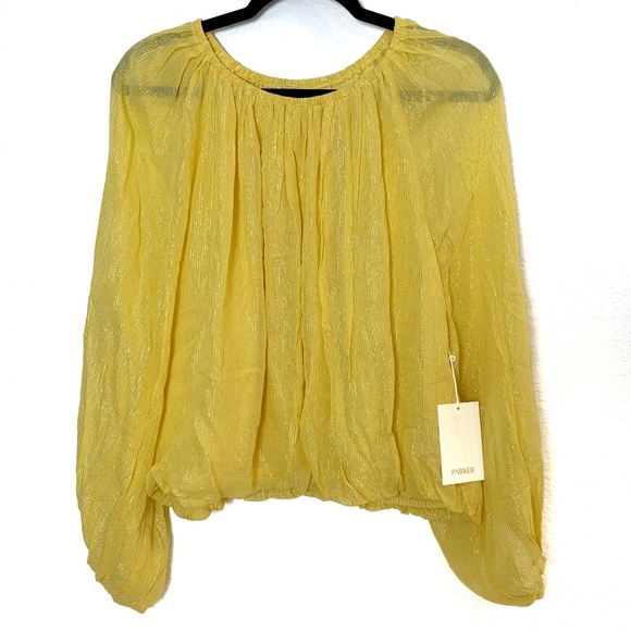 Parker Mylah Shirred Top Large NEW Dandelion Lemon Yellow Silver Metallic - Picture 2 of 13